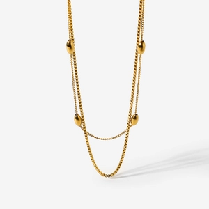 18K gold plated stainless steel double layer necklace with polished oval beads for women