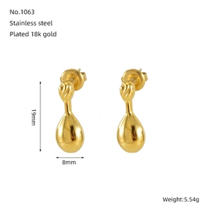 Detail view of gold teardrop earrings in stainless steel with 19mm size specifications