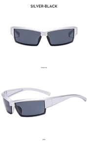 Detail view of silver Y2K sports sunglasses with dark lenses from front and side angles