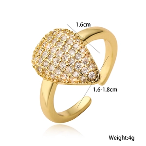 Elegant gold teardrop open ring with micro-paved zircons and adjustable 1.6-1.8cm diameter
