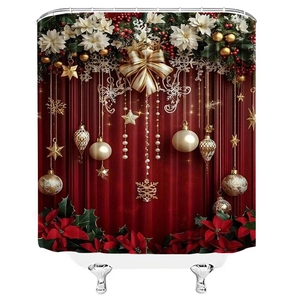 Detail of Christmas shower curtain with red poinsettia floral prints and golden ornaments