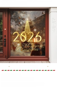 Golden Christmas window decals with reindeer and tree motifs on a wooden glass door