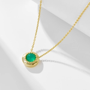 S925 Sterling Silver Green Agate Pendant Necklace For Women Retro Minimalist Geometric Style Adjustable Clavicle Chain Jewelry Gift