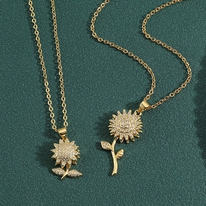 Sunflower Pendant Necklace Copper Zirconia Gold Plated Rotating Flower Sweet Jewelry Accessories For Women