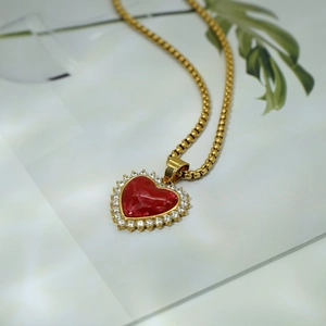 18K gold-plated stainless steel necklace featuring a red heart pendant with zircon accents