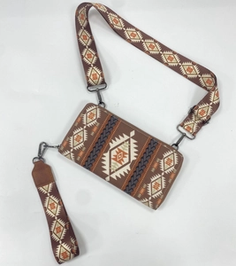 Detail of bohemian canvas clutch bag featuring geometric patterns and detachable straps