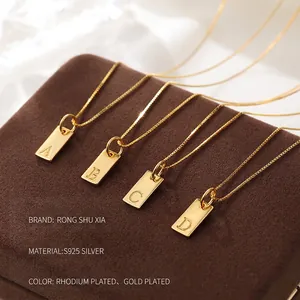 Minimalist S925 sterling silver square alphabet pendant necklace in 18K gold finish