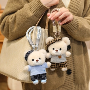 Cute teddy bear plush charms with beret hats for bags and keychains in blue and grey