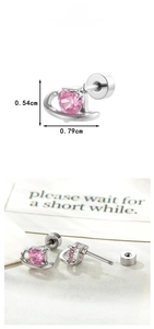 Macro detail of pink zircon heart earring with orbital design and size measurements