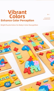Macro detail of wooden 3D number puzzles with dinosaur, giraffe, and vehicle shapes