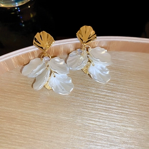 Elegant acrylic pearl petal drop earrings with gold finish and zircon stones