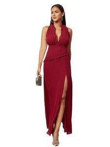 Elegant sleeveless halter deep V-neck maxi dress with ruffles and side slit in dark red
