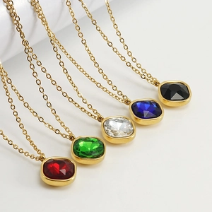 Minimalist 18K gold-plated stainless steel necklaces with square colorful zircon pendants
