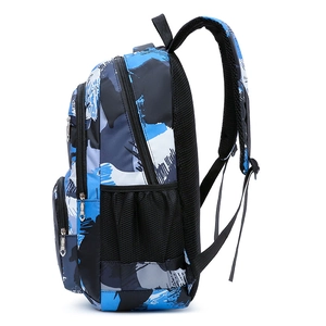 Side view of 3-piece camouflage backpack set featuring mesh pocket and breathable straps
