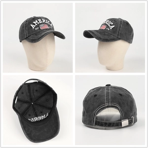 Casquette en jean délavé avec drapeau américain et broderie America sous divers angles
