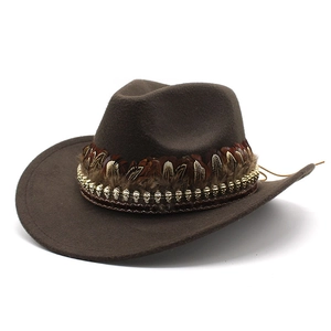 Retro Western Cowboy Hat Wide Brim Polyester Felt With Feather Band And Metal Skull Charms For Men Women Gothic Boho Style