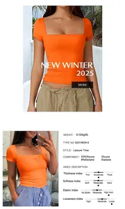 Macro detail of orange Y2K square neck top featuring high-elastic viscose material