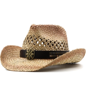 Chapeau De Cowboy En Paille Protection Solaire Respirant Tissage Creux Rétro Bande Cuir Boucle Métal Large Bord