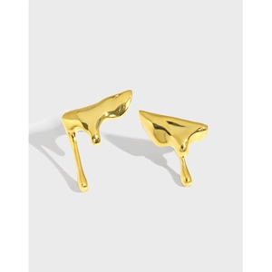 925 Sterling Silver Stud Earrings Liquid Metal Irregular Molten Lava Design Minimalist Polished Jewelry For Women