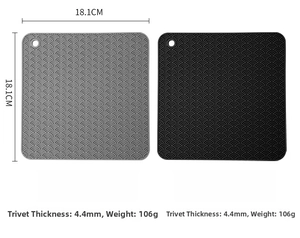 Detail of square silicone trivets in black and grey with non-slip wave texture