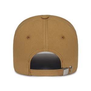 Adjustable dark camel baseball cap with metal buckle and premium canvas texture