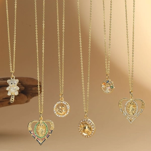 Gold Plated Copper Necklace With Cubic Zirconia Heart Bear Leopard Tree Of Life Pendant For Women Trendy Choker Jewelry