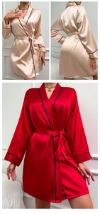 Détail du peignoir en satin de soie avec passepoil noir contrasté et ceinture nouée