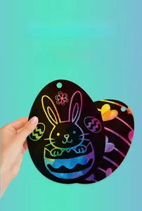Rainbow scratch art egg set for kids featuring Easter bunny and heart patterns with hanging holes