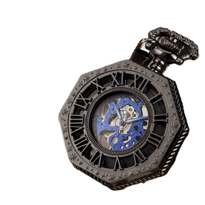 Vintage octagonal skeleton pocket watch with blue mechanical movement and roman numerals