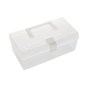 Portable clear plastic storage box with white handles and secure clips for home organizing