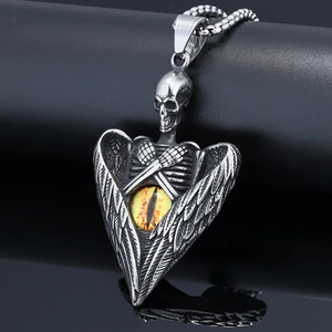 Gothic Punk Evil Eye Skull Angel Wings Pendant Necklace Stainless Steel Vintage Silver Color Jewelry For Men