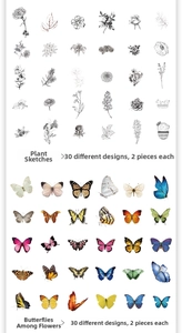 Detailed set of 60 stickers featuring black and white plants and realistic color butterflies