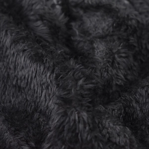 Detail shot of the plush black faux fur lining on a winter knit beanie hat