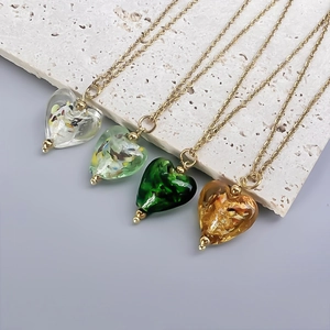 Heart Pendant Necklace Lampwork Glass Stainless Steel Chain Vintage French Style Elegant Jewelry Accessories For Women