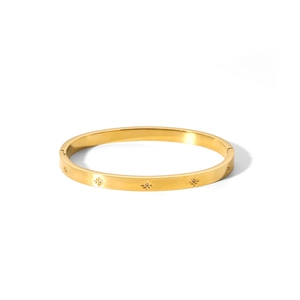 Minimalist 18k gold plated stainless steel bangle with engraved starburst and zircon
