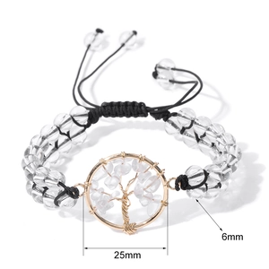 Double-layer handmade beaded bracelet with 6mm crystal beads and gold tree of life charm