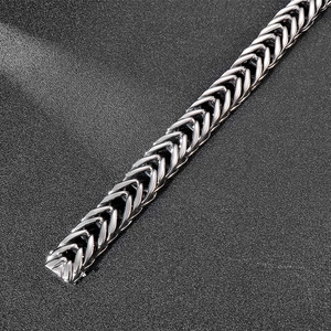Detailed macro view of silver stainless steel V-shape curb chain link for men