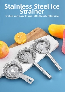 Three-piece stainless steel Hawthorne strainers with spring filters on marble surface