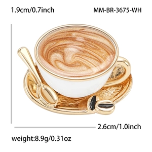 Enamel coffee cup brooch with saucer and spoon featuring dimensions and weight specs
