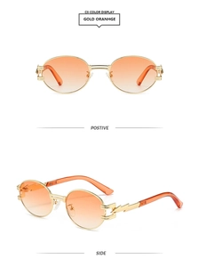 Detail views of steampunk oval gold metal sunglasses with orange gradient lenses
