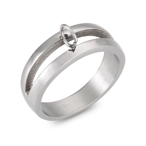 Minimalist silver dual-layer hollow stainless steel ring with a small round ring charm