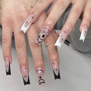 Press On Nails Long Coffin Shape Black White French Tips Smile Face Star Pattern Rhinestone Decor Sweet Cool Style For Women