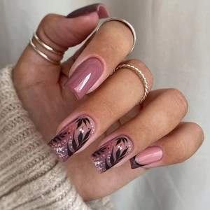 Purple French Style Press On Nails Leaf Pattern Shimmer Square Shape ABS Plastic Reusable Elegant Artificial Fingernails