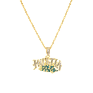 Hip hop gold necklace with HUSTLA letter pendant and blue sparkling zircon stones
