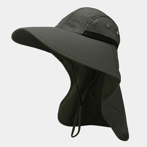 Detail of army green outdoor sun hat showing breathable mesh and long neck flap protection