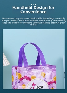 Gros plan du sac en intissé violet avec poignées renforcées et motifs floraux colorés