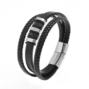 Men's multi-layer black braided leather bracelet with silver magnetic buckle and metal rings