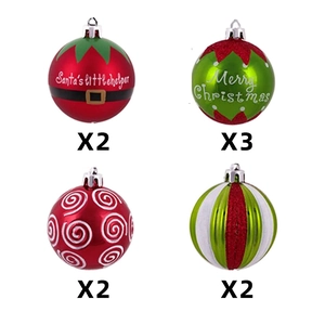 Detail of Christmas ornament set featuring festive slogans and colorful patterns