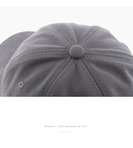 Detalle de gorra gris mostrando el botón superior y costuras reforzadas de seis paneles