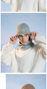 Close-up of knit beanie and neck warmer set with fleece lining and BACK woven label